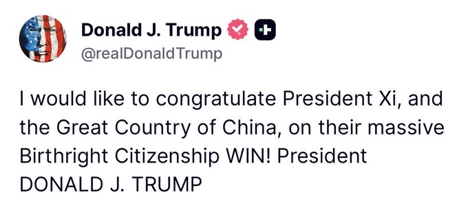 TheInsiderPaper's tweet photo. JUST IN - Trump says he would like to congratulate President Xi of China after birthright citizenship ruling https://t.co/SJKu3QT4gG