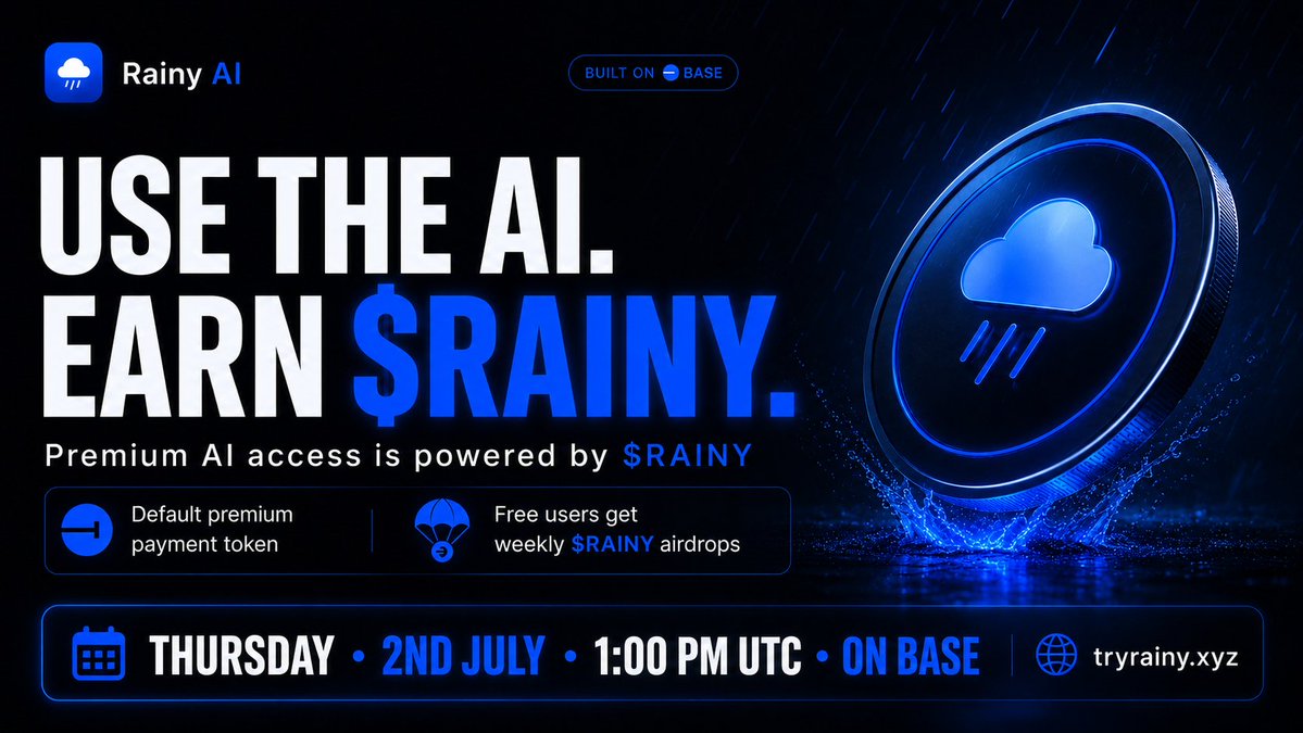 TryRainyAI's tweet photo. $RAINY is the default payment token for premium AI access.

Free users can still use Rainy AI.
Premium users unlock deeper power using $RAINY.

And yes — active users will also receive free weekly $RAINY airdrops.

Use the AI.
Earn the token.
Upgrade with the token.

Sunday. 13:00 UTC. @base.

Don’t ignore the clouds. 🌧️

Join Telegram Community:
https://t.co/twuuSSZFPk

🧵3/3