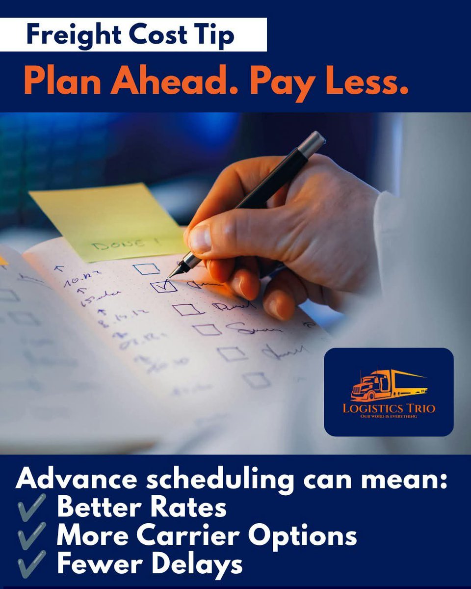 logisticstrio's tweet photo. Freight Tip of the Week
Planning shipments ahead is one of the easiest ways to reduce freight costs.

Advance scheduling gives carriers more flexibility, often leading to better rates, smoother pickups, and more reliable deliveries. https://t.co/DUl3A2UqAY