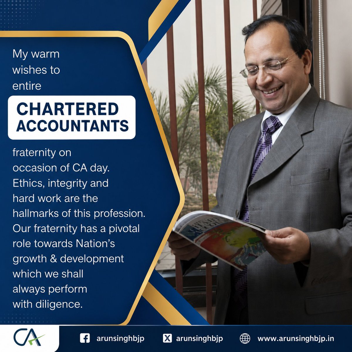 ArunSinghbjp's tweet photo. My warm wishes to entire Chartered Accountants fraternity on occasion of CA day.
Ethics, integrity and hard work are the hallmarks of this profession. Our fraternity has a pivotal role towards Nation's growth & development which we shall always perform with diligence. #CADay https://t.co/dFLAsTJ3m5