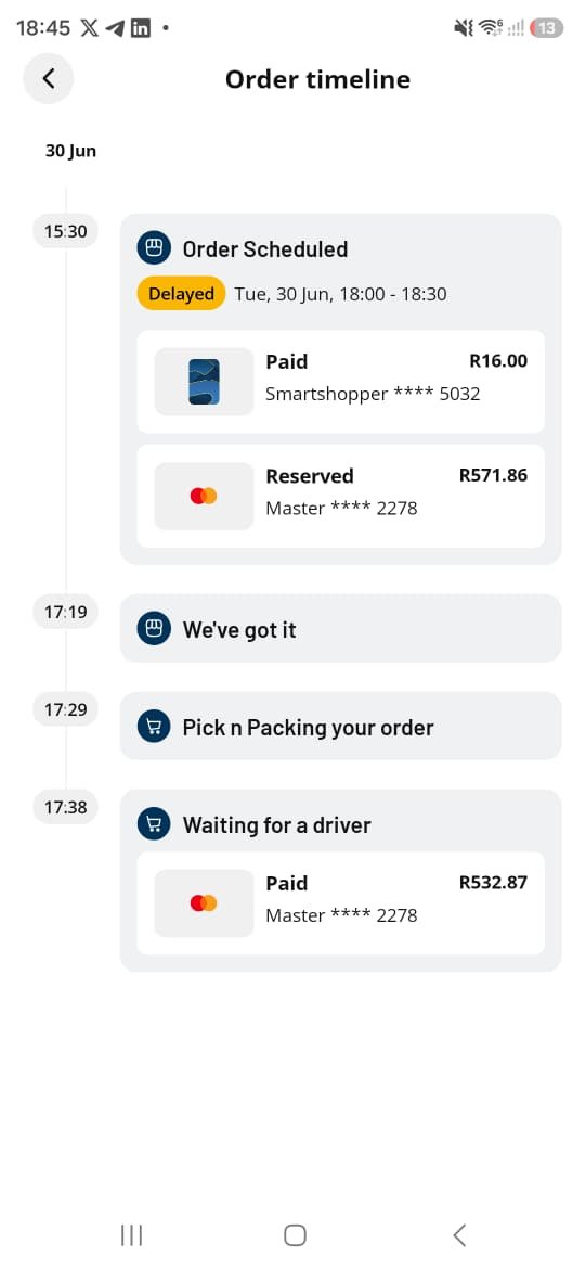 Ditedu147's tweet photo. Clear example that all industry is inflitrated by illegals .
This order was placed at 3 its almost 8 and still no delivery cause there is no drivers 
 #pnp#asapshopper#smartshopper#ServiceDeliveryMarch, #AccountableLeadership, #AntiCorruption.​#JacintaNgobeseZuma https://t.co/lZRmCdd0qg
