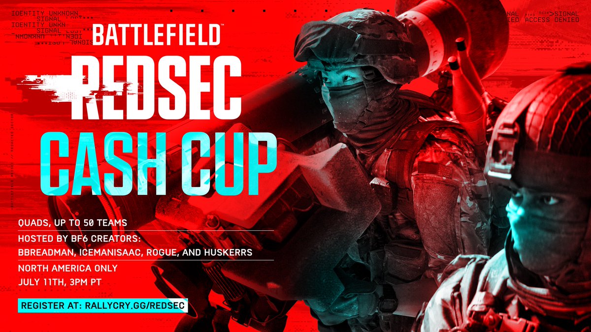 bbreadman's tweet photo. The competitive scene in Battlefield 6 is heating up! I'm hosting a watch party along with Rogue, IcemanIsaac, and Huskerrs for 2 RESDEC Cash cups this July! 🔥

The first Cash Cup is on July 11th, and registration is now open! $25K Prize Pool, NA only.

Grab your team today to lock in your spot: 

➡️ https://t.co/gV5J8HsWoM ⬅️

#BF6 #Battlefield6 #sponsored