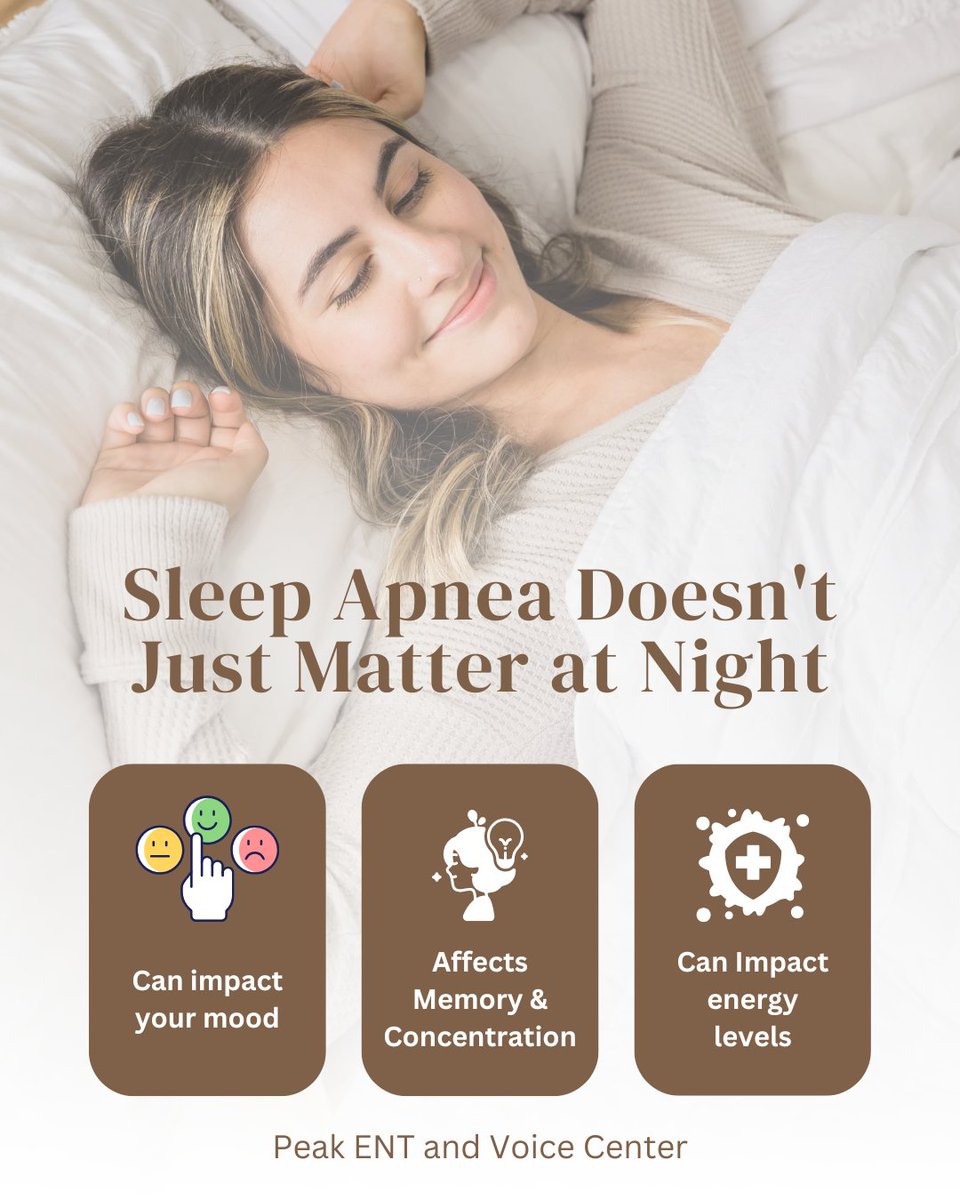 PeakENTVoice's tweet photo. 😴 Sleep apnea is often associated with snoring.

But many patients are surprised to learn it can also affect energy, concentration, memory, mood, and overall health.

Good sleep impacts almost everything.

#PeakENT #SleepApnea #SleepHealth https://t.co/uEdzYZpzkq
