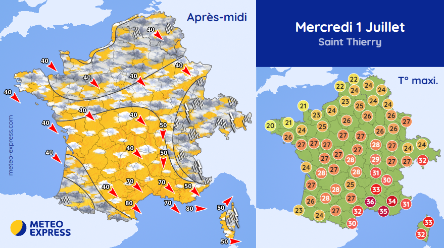 MeteoExpress's tweet photo. 🌤️ Ce mercredi : plus tempéré. Averses orageuses sur le flanc est et la Suisse. Forts mistral &amp; tramontane. ➡ https://t.co/3SZnwKD8sF https://t.co/GKYWNwYmit