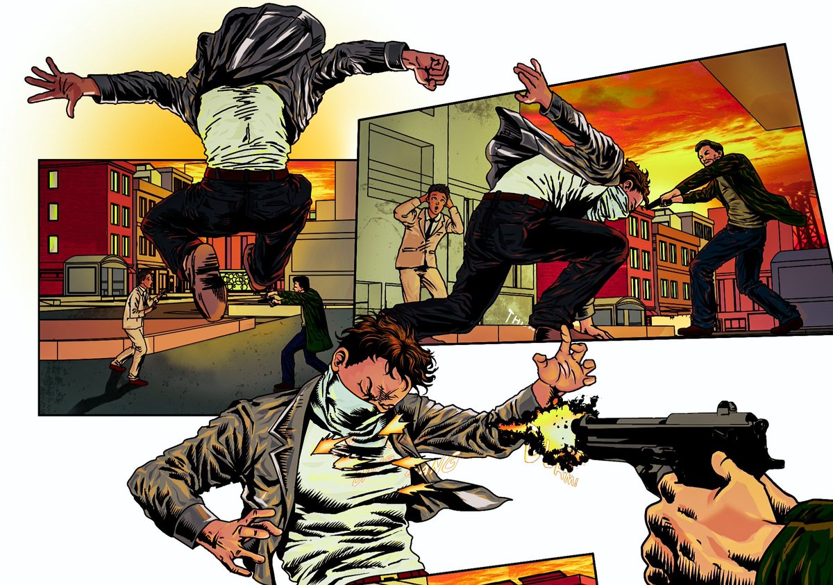 Rob0797's tweet photo. What an unfortunate sequence of events but also, what a way to find out you're bullet proof.

It justifies his anger in this scene as he himself did not know. Revision progress on the first issue of Superhero comic WHITEOWL.

Follow the pre-launch to be a part of the release of issues 1-4!