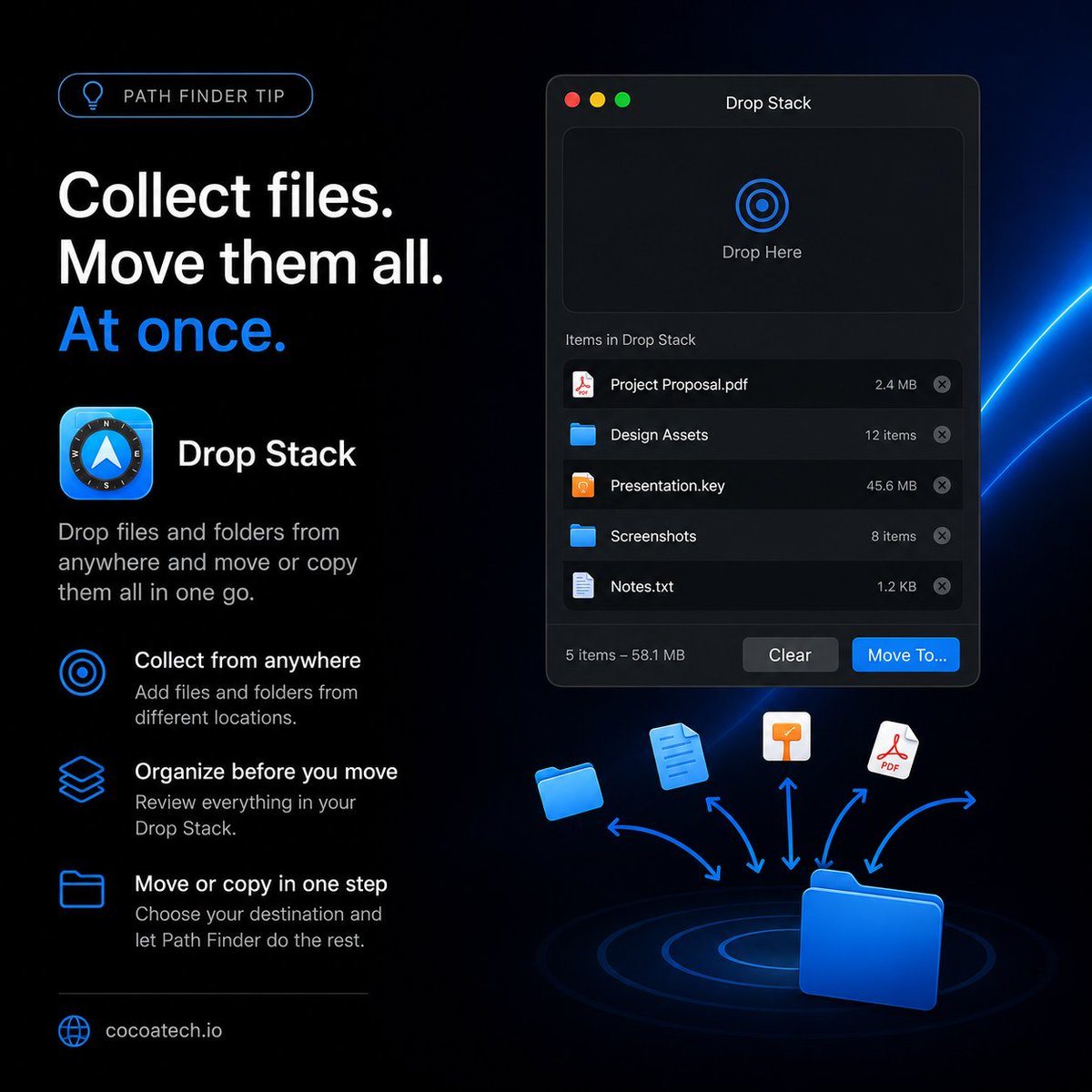 Cocoatech's tweet photo. 💡 Collect first. Move later.

Drop Stack lets you gather files from anywhere on your Mac, then move or copy them all in one action.

One of Path Finder's most underrated features.

#PathFinder #macOS https://t.co/KMiNX96F2W
