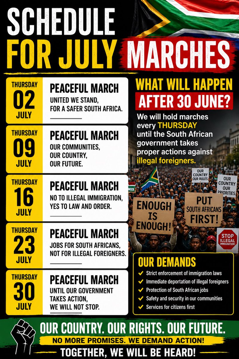 OnlineScoops's tweet photo. ⁉️What will happen after the 30 June

GNU government need R3 billion for July 
🗣️Thursday 02 July 2026 (R600m)
🗣️Thursday 09 July 2026 (R600m)
🗣️Thursday 16 July 2026 (R600m)
🗣️Thursday 23 July 2026 (R600m)
🗣️Thursday 30 July 2026 (R600m)
We will hold marches every Thursday until South African government takes proper actions against illegal foreigners.

#Mabahambe  #Abahambe #Immigration #30June