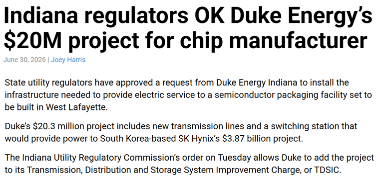 Ben_Inskeep's tweet photo. The IURC approved a plan to shift $20.3 million in transmission upgrades for SK Hynix's semiconductor plant onto a bill surcharge paid by all Duke Energy customers.

Another subsidy for a trillion-dollar tech company. 
Another rate increase for Hoosier households. https://t.co/uwpEG4J751