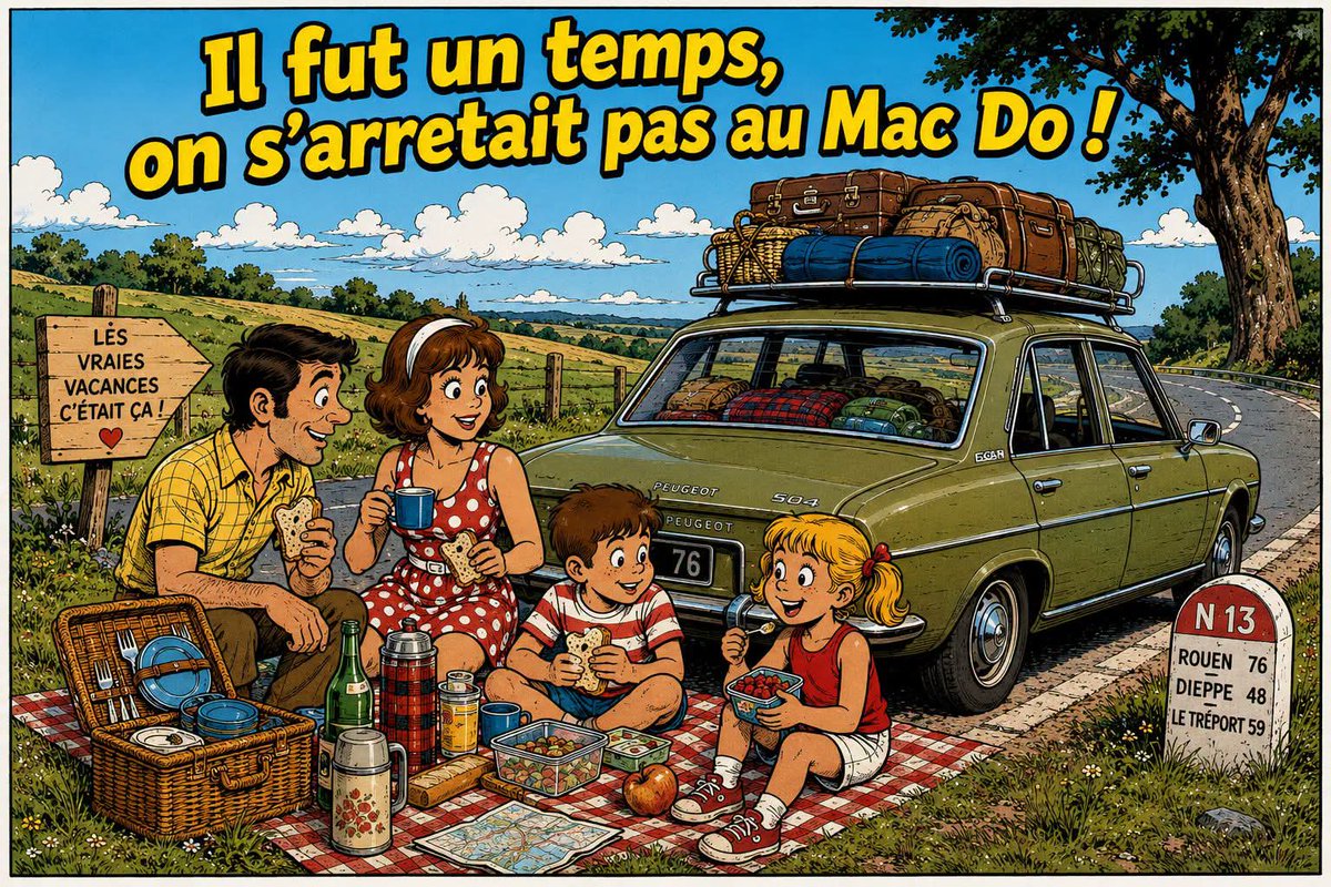 PNerval's tweet photo. Il fut un temps...
On ne s'arrêtait pas au fast-food ou sur une aire d'autoroute pour la pause déjeuner. On trouvait un petit coin au bord de la route, on sortait la glacière, les salades et les sandwichs préparés avec soin avant le départ.

Toute la famille se retrouvait autour d'un pique-nique improvisé, en essayant de partager le repas... sans trop le partager avec les guêpes ! 😄

C'était simple, convivial, authentique. Un vrai moment de vacances avant même d'arriver à destination.