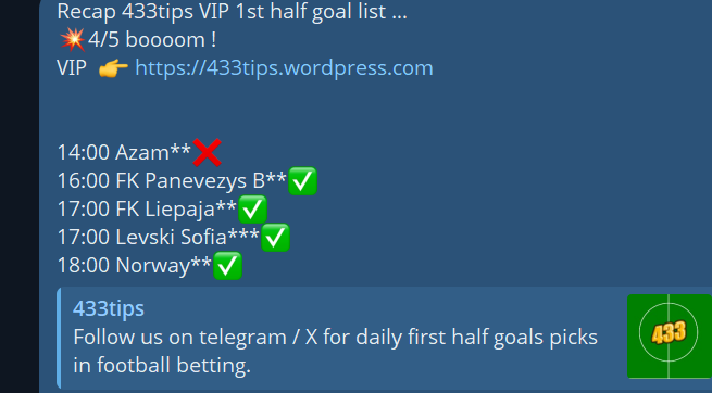 football433tips's tweet photo. Recap 433tips VIP 1st half goal list β¦
π₯4/5 boooom !
VIP π https://t.co/yRfokKkcLP #fhglist #gamblingX https://t.co/ThqwzuOfbI