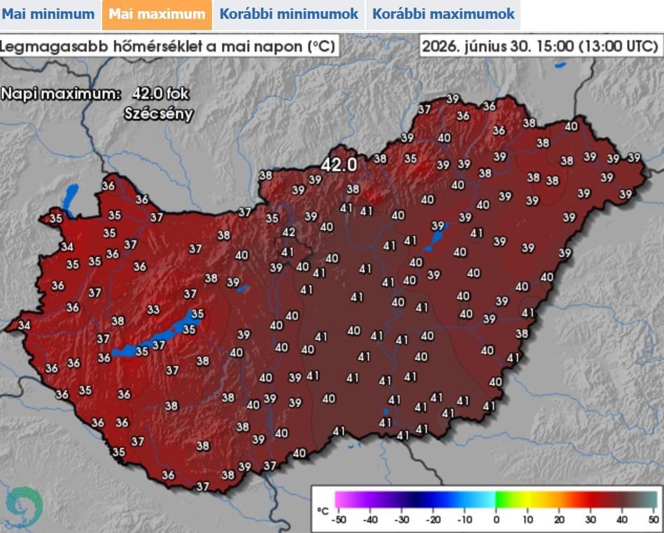 InfoMeteoTuit's tweet photo. 🥵 Hasta 42°C hoy en #Hungría, lo que supone #récord nacional de temperatura máxima desde que existen registros meteorológicos. #Calor #OlaDeCalor. https://t.co/mhixJNYF1c