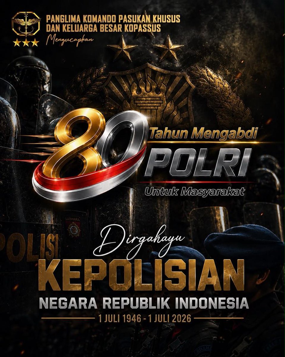 penkopassus's tweet photo. Panglima Kopassus beserta keluarga besar Kopassus mengucapkan selamat Hari Bhayangkara ke-80 untuk Kepolisian Negara Republik Indonesia. Teruslah memberikan pengabdian terbaik bagi masyarakat, bangsa, dan negara. Sinergi tanpa batas!

#HariBhayangkara #HUTPolri #TNIPolri #Presisi https://t.co/Vw8tOB4EXe