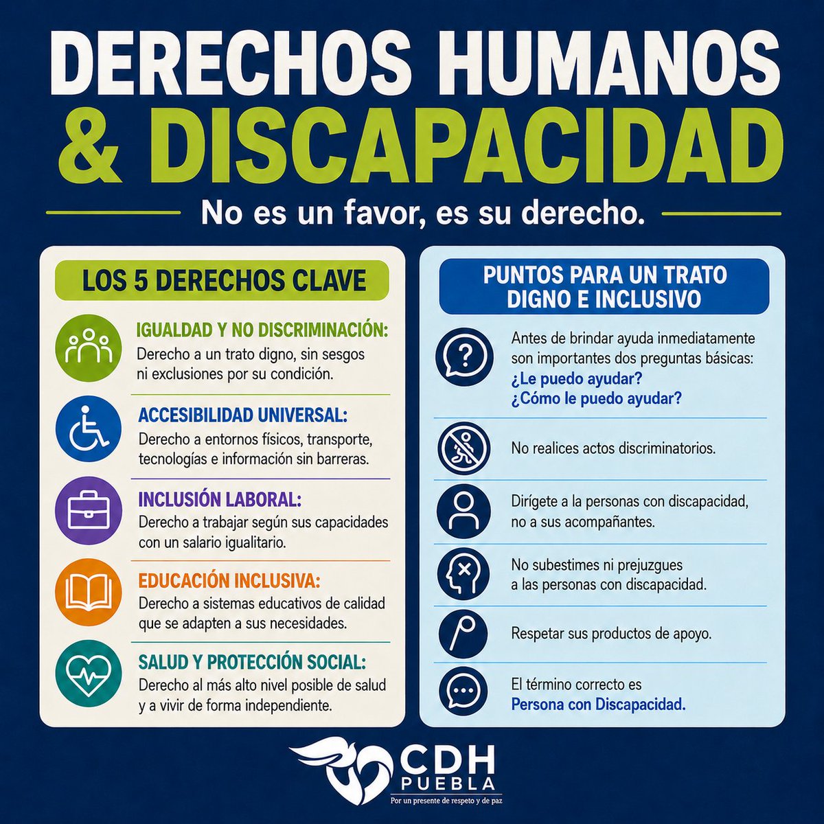 CDHPuebla's tweet photo. 💙🤝 ¡Los derechos humanos son inalienables para todas y todos! 

En la #CDHPuebla reafirmamos nuestro compromiso con la inclusión y el respeto hacia las personas con discapacidad. No se trata de un favor, ¡es su derecho!

📜 Para profundizar en sus derechos y cómo puedes contribuir a su respeto, te invitamos a leer nuestra Cartilla: https://t.co/2pkvZOzc5X 

🙌🏻¡Construyamos juntos una sociedad inclusiva donde todas las voces sean escuchadas y respetadas!