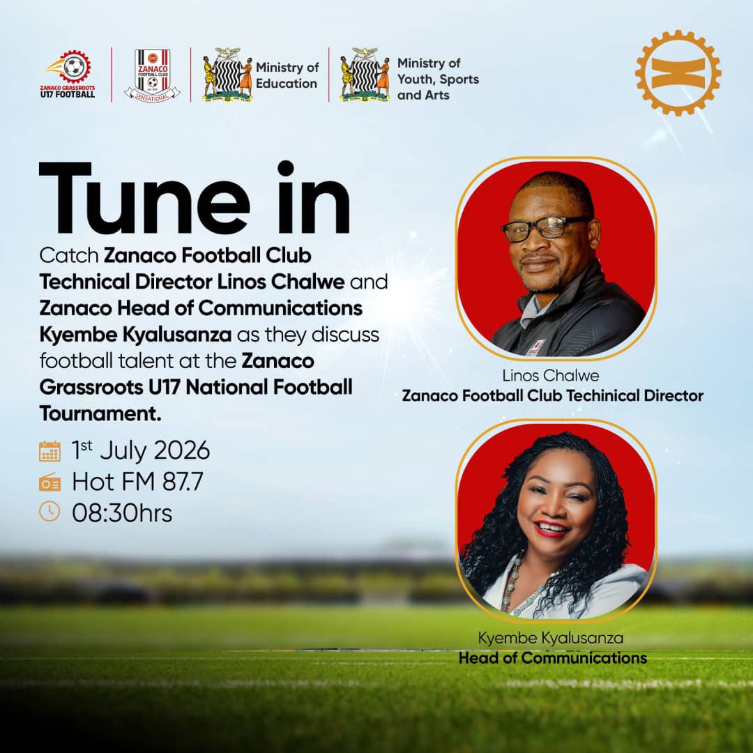 ZanacoFC's tweet photo. Catch Zanaco Football Club Technical Director, Linos Chalwe, and Zanaco  Head of Communications, Kyembe Kyalusanza, as they discuss football talent at the Zanaco Grassroots U17 National Football Tournament. https://t.co/k1embuzQry