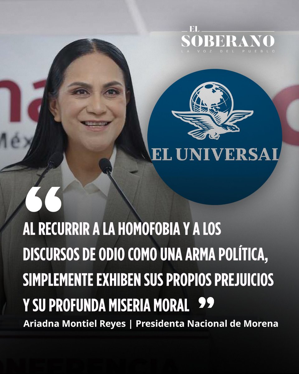 ElSoberanoMX's tweet photo. #Opinión | Al recurrir a la homofobia y a los discursos de odio como una arma política, simplemente exhiben sus propios prejuicios y su profunda miseria moral

👉 @A_MontielR | Presidenta Nacional de Morena.

¿Tú qué opinas? https://t.co/MaljM1orKJ