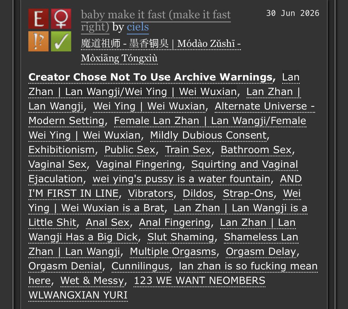 porcielainee's tweet photo. what's better than wangxian smut? the most filthiest wlwangxian smut inspired by @neombers !!!

🚃 #wangxian
🚃 14.7k words, rated E
🚃 modern college au, genderbend
⚠️ canon dynamics, all sorts of public sex
https://t.co/95NnhHfWnH https://t.co/niou72xS0B