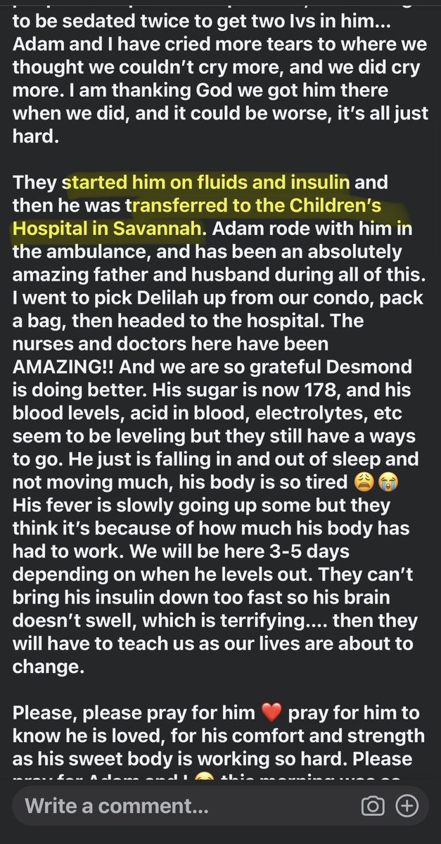 envidreamz's tweet photo. A family’s vacation nightmare near a current Covid hotspot in Georgia just turned into a lifelong diagnosis.

They arrived at their condo and went swimming, and everything slowly shifted. He got unusually tired, refused his favorite pizza, fell asleep, then started vomiting for hours. 
He became out of it, breathing deep and fast. 

They rushed him to the ER where his blood sugar was 397. Diabetic Ketoacidosis. New onset autoimmune Type 1 diabetes.
The past few weeks he had been extra thirsty and urinating more. 

Now their world is flipped. He’s in the Children’s Hospital in Savannah, Georgia on fluids and insulin, sugar coming down but they face days of learning a whole new reality on management of this complicated autoimmune disease.

This hits me hard because it reminds me of my own childhood. I developed Type 1 diabetes at age 7 after having the chickenpox. 
One virus, and my immune system turned on me.
Viruses trigger these autoimmune diseases, and right now Covid is driving exponential cases of new onset Type 1 diabetes.