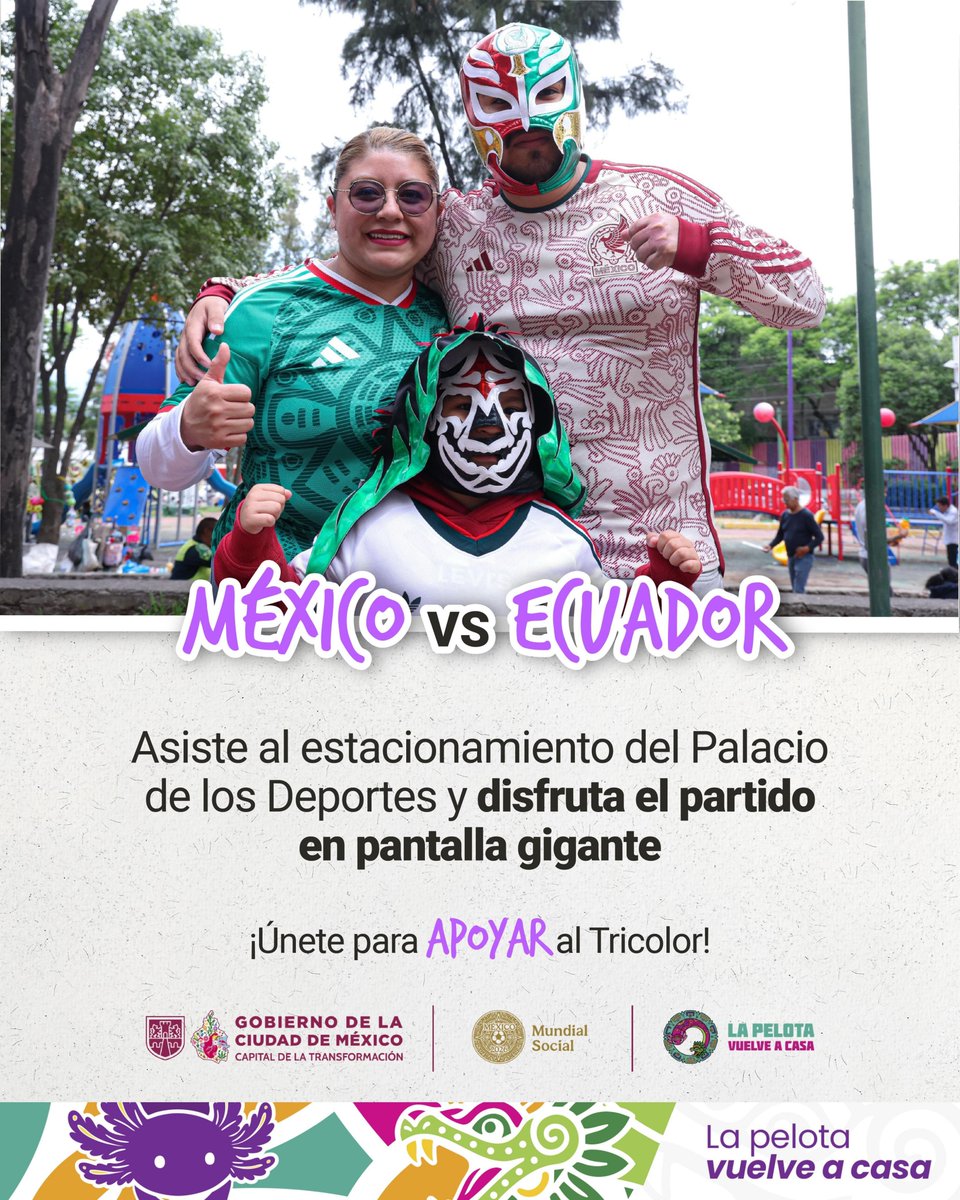 GobCDMX's tweet photo. ¿No sabes dónde ver el partido de hoy? 🌍🏆
Te esperamos en el estacionamiento del Palacio de los Deportes para disfrutar de la máxima justa deportiva en comunidad. Acceso libre, ambiente familiar y toda la pasión del futbol. 🏟️⚽ https://t.co/LG8Gf1jMum