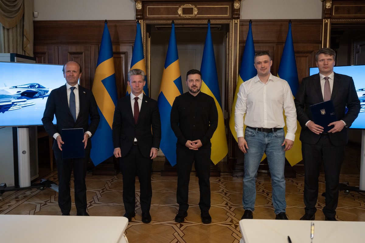 ZelenskyyUa's tweet photo. Together with Sweden, we continue strengthening Ukraine's combat aviation. Today, our countries signed an agreement for the procurement of 16 Gripen E fighter jets. Importantly, the aircraft will come with a package of related equipment, technical assistance, and support. In addition, under our previous agreements with Prime Minister Ulf Kristersson, the first 16 Gripen C/D aircraft will be transferred to our Air Force at the beginning of 2027.

I thanked Sweden's Minister for Defense, Pål Jonson, for this support and for the cooperation during our meeting. We discussed in detail the implementation of these steps, as well as broader bilateral cooperation, including preparations for the Drone Deal and our work on anti-ballistic defense.

I thank Sweden – all the people and the Government – for the meaningful partnership and for the consistent support since the start of Russia's invasion. Together, we are working for the security of Ukraine and of all Europe.