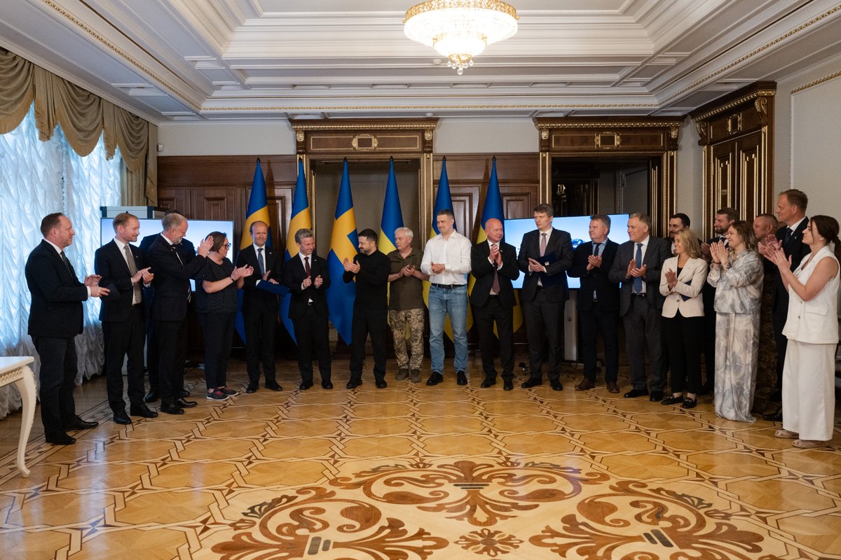 ZelenskyyUa's tweet photo. Together with Sweden, we continue strengthening Ukraine's combat aviation. Today, our countries signed an agreement for the procurement of 16 Gripen E fighter jets. Importantly, the aircraft will come with a package of related equipment, technical assistance, and support. In addition, under our previous agreements with Prime Minister Ulf Kristersson, the first 16 Gripen C/D aircraft will be transferred to our Air Force at the beginning of 2027.

I thanked Sweden's Minister for Defense, Pål Jonson, for this support and for the cooperation during our meeting. We discussed in detail the implementation of these steps, as well as broader bilateral cooperation, including preparations for the Drone Deal and our work on anti-ballistic defense.

I thank Sweden – all the people and the Government – for the meaningful partnership and for the consistent support since the start of Russia's invasion. Together, we are working for the security of Ukraine and of all Europe.