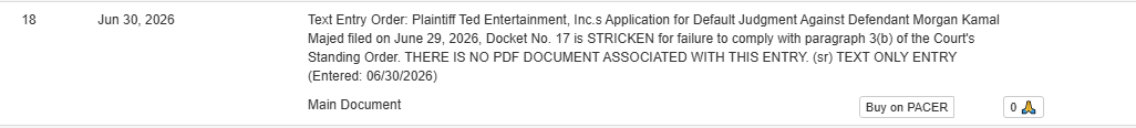 StreamStandards's tweet photo. 🚨 LIVE UPDATE - THE APPLICATION AND SUPPORTING DOCUMENTS HAVE BEEN STRICKEN DUE TO VIOLATION OF A STANDING ORDER. The Court cited a violation of 3b of the order, presumably since the filing was submitted after 4pm local time.

I received the docket update notification at 4:35pm local time.

It is unclear at this time if TEI/Ethan Klein will be able to refile.