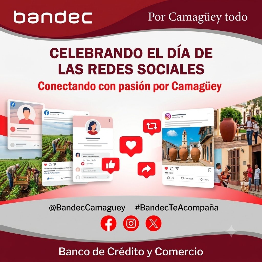 BCamaguey's tweet photo. 📱 Hoy #DíaMundialDeLasRedesSociales. En #BandecCamagüey las usamos para acercarnos, responder y llevarte #EducaciónFinanciera sin filtros.
Uso responsable = identidad que suma. Gracias por seguir aquí. Seguimos conectados. 🇨🇺
#Cuba #RedesConPropósito https://t.co/8C4y8CX8D6