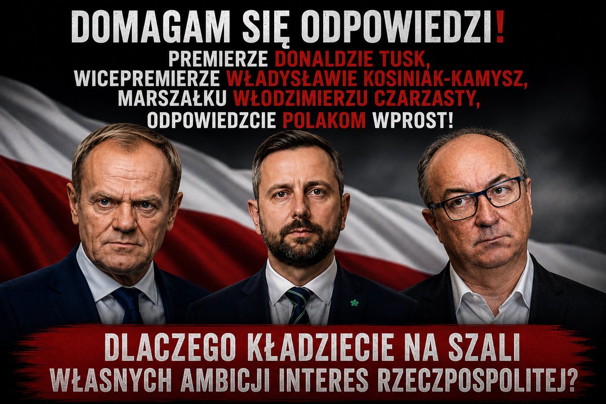 lemoniadowy1969's tweet photo. Domagam się od wszystkich liderów koalicji 15 Października absolutnej szczerości.

Panowie:
.@donaldtusk 
.@wlodekczarzasty 
.@KosiniakKamysz 

Odpowiedzcie Polakom wprost.

Czy naprawdę jesteście gotowi, w imię własnych ambicji, partyjnych interesów i programowych różnic, zaryzykować powrót Jarosława Kaczyńskiego do władzy?

Czy jesteście gotowi wziąć odpowiedzialność za scenariusz, w którym Polska ponownie pogrąży się w konflikcie z Europą, osłabianiu państwa, podporządkowywaniu instytucji partyjnym interesom i kolejnych aferach?

Czy naprawdę ważniejsze od porozumienia jest udowodnienie, kto ma rację?

Historia nie zapamięta tego, kto miał lepszy program wyborczy. Historia zapamięta tych, którzy nie potrafili się porozumieć wtedy, gdy ważyły się losy państwa.

Jeżeli uważacie, że dobro Polski jest wartością nadrzędną, usiądźcie do stołu. Rozmawiajcie. Szukajcie kompromisu. Pokażcie wyborcom, że potraficie postawić interes Rzeczypospolitej ponad interesem własnej partii.

Bo jeśli przez brak odpowiedzialności demokratyczna większość odda władzę w ręce Kaczyńskiego, Polacy będą mieli prawo zapytać każdego z Was:

Cz było warto?
#WspólnaLista2027