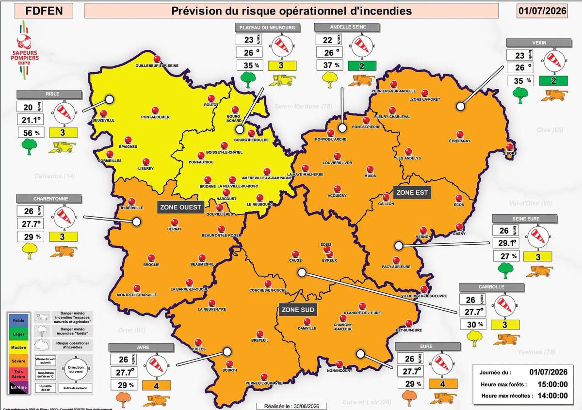 Prefet27's tweet photo. #Feux | Le risque incendie 🔥 dans les espaces naturels, notamment les champs 🚜, est sévère 🟠 demain mercredi 1er juillet, dans une partie du département de l’#Eure.

⚠️ Soyez prudents. https://t.co/U4tvbYrknJ