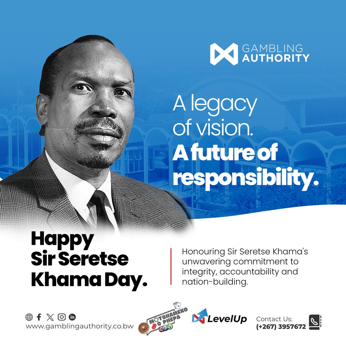 GamblingBW's tweet photo. Today, we celebrate a legacy that continues to shape Botswana.
Sir Seretse Khama's visionary leadership established a nation founded on integrity, accountability and sustainable development - values that remain as relevant today as they were at independence. https://t.co/hydPgpAGgP