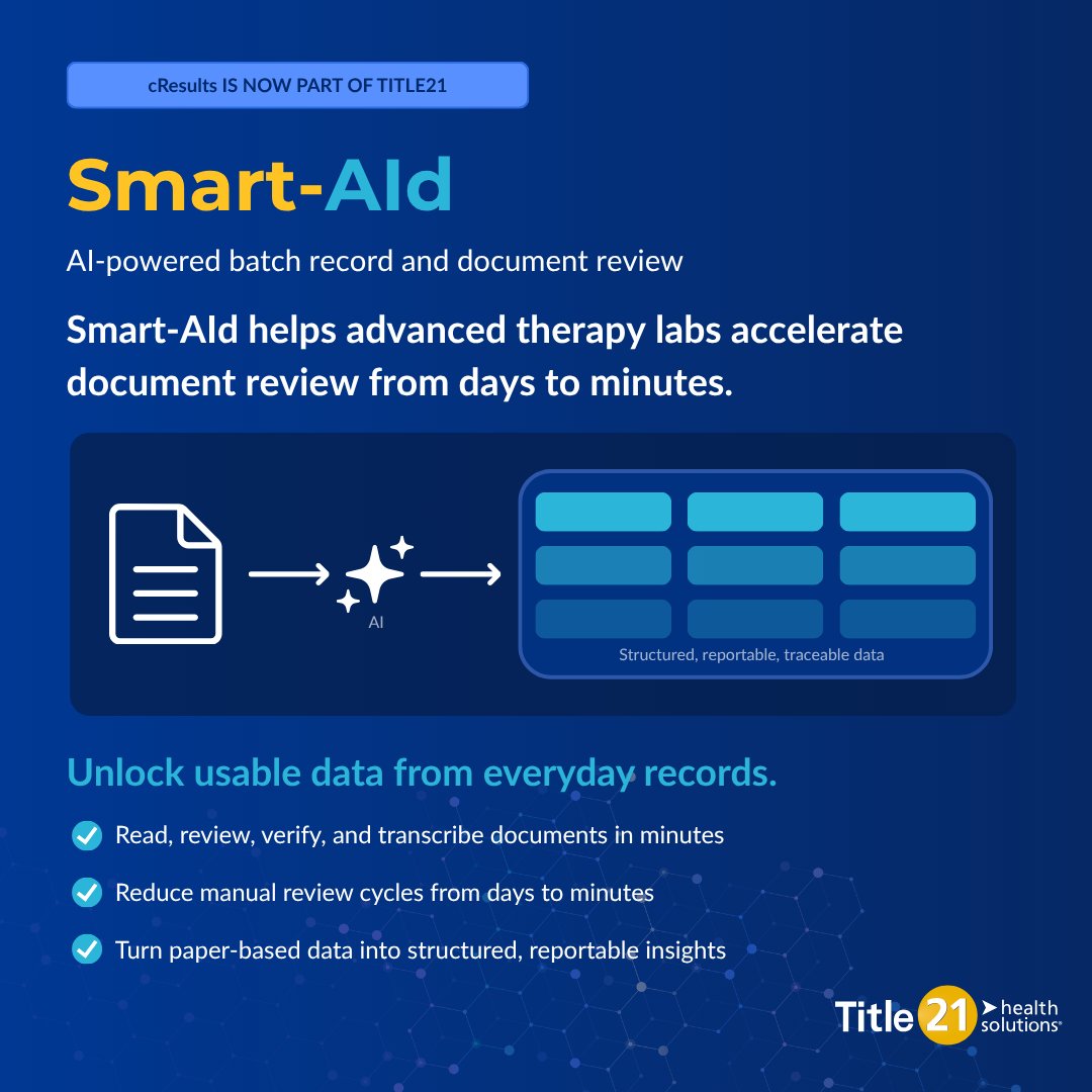 Title21HS's tweet photo. Smart-AId: Batch Record Review in Minutes, Not Days

Batch record reviews that used to take days now only take minutes.

Smart-AId (of cResults), now part of the Title21 family, uses AI to turn manual, paper-based document reviews into a fully automated process. It reads, reviews, verifies, and transcribes batch records, cell therapy forms, equipment logs, and logbooks in just 1 to 2 minutes per document.

• Convert manual documentation into structured digital data that is ready for trending, reporting, and export
• Train it on any form that requires manual data entry, and it will automatically surface issues
• Integrates seamlessly with Smart-QA to provide end-to-end review automation

In advanced therapy labs where every hour matters, Smart-AId helps you speed up review cycles, improve compliance, and see documentation quality in real time.

Would you like to see it work on your own documents? With just 10 minutes of training, we can show you a live demo of Smart-AId using your actual form. Interested in learning more? Let’s talk: https://t.co/MH8yzZHckd

#AI #BatchRecords #CellAndGeneTherapy #QualityOperations #DigitalTransformation