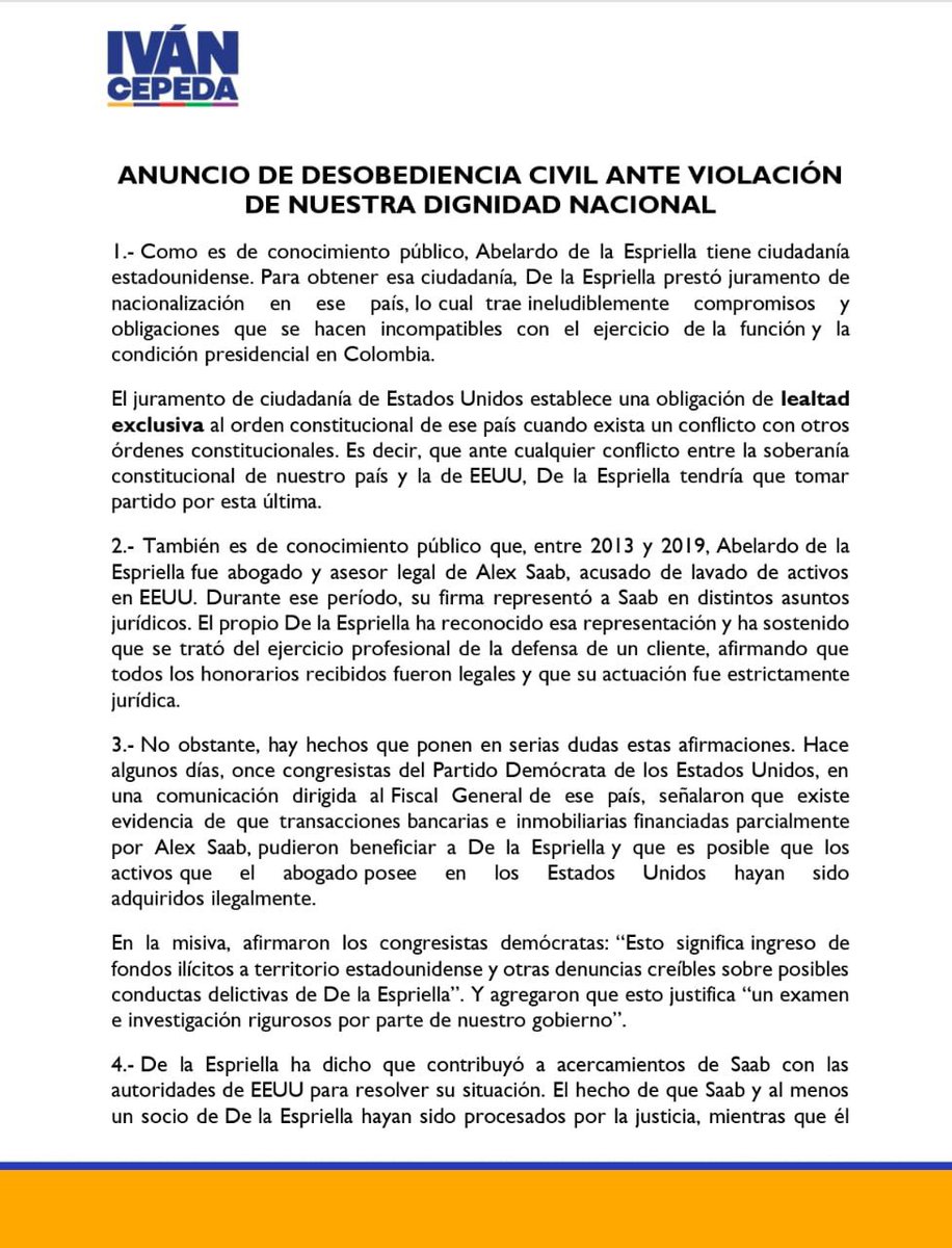 MariaCconcejala's tweet photo. ¡Que quede claro! Convocar a la desobediencia civil es despertar la conciencia de un país burlado, NO generar criminalidad y menos violencia en nuestra tierra como pretenden hacerlo ver sectores de la ultraderecha.

Desde el @PactoCol luchamos por el mandato popular. Exigimos respeto absoluto a la Constitución y a nuestra SOBERANÍA: un mandatario no puede arrodillar la independencia nacional ante intereses extranjeros. Si es respetuoso de la ley, ¡que renuncie a su ciudadanía en EE.UU. como lo haría cualquier otro país democrata!