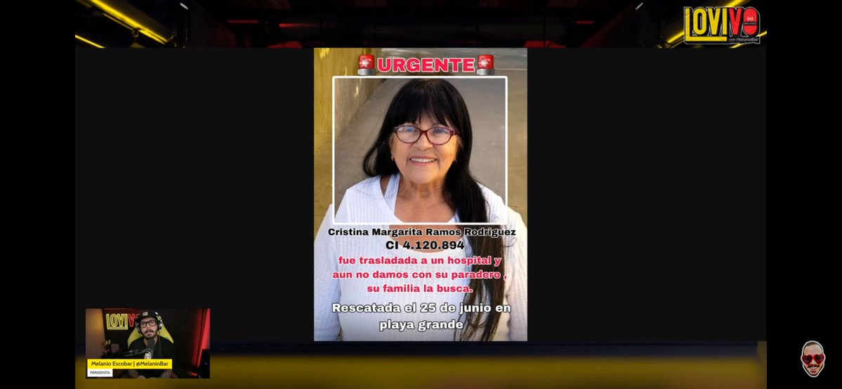 estufanie's tweet photo. En el programa de @MelanioBar se denuncia la DESAPARICIÓN de la sra Cristina.

Ustedes la deben recordar por su vídeo de rescate en la que le halagan sus uñas y ella respondía con carisma. Fue rescatada CON VIDA en Playa Grande y no se ha sabido nada más de ella.

Difundir‼️ https://t.co/NgV6u6BXht