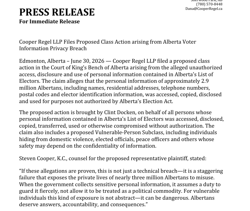 cspotweet's tweet photo. NEW:

A  proposed class action lawsuit has been filed over Alberta's voter list data breach. 

It names as possible defendants the Alberta government, the Chief Electoral Officer, the Centurion Project, the Republican Party and David Parker. https://t.co/BDJaiMErKo