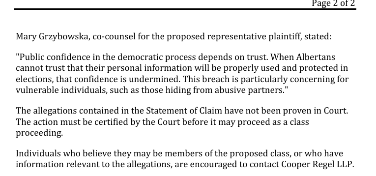 cspotweet's tweet photo. NEW:

A  proposed class action lawsuit has been filed over Alberta's voter list data breach. 

It names as possible defendants the Alberta government, the Chief Electoral Officer, the Centurion Project, the Republican Party and David Parker. https://t.co/BDJaiMErKo