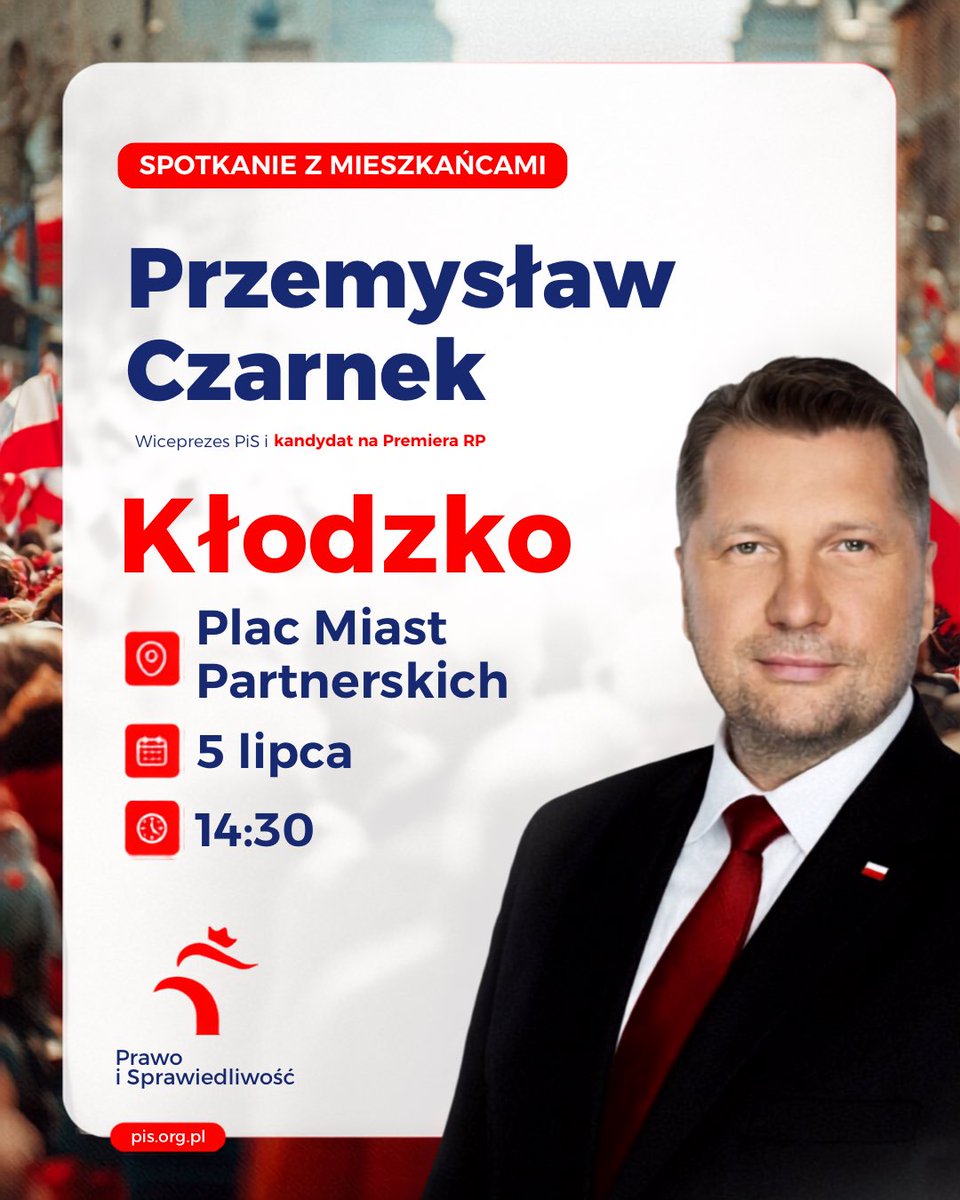 pisorgpl's tweet photo. 🔥 Kłodzko, do zobaczenia już w najbliższą niedzielę, 5 lipca o godz. 14:30! 📢 Zapraszamy na spotkanie z Wiceprezesem PiS, kandydatem na Premiera RP @CzarnekP. 🇵🇱 Porozmawiamy o Polsce, wyzwaniach stojących przed naszym krajem i programie, który wspólnie tworzymy dla Polaków.
🔔 Przyjdź, zadaj pytanie i podziel się swoją opinią.
🔁 Udostępnij i zaproś znajomych!
#PrzebudzeniePL