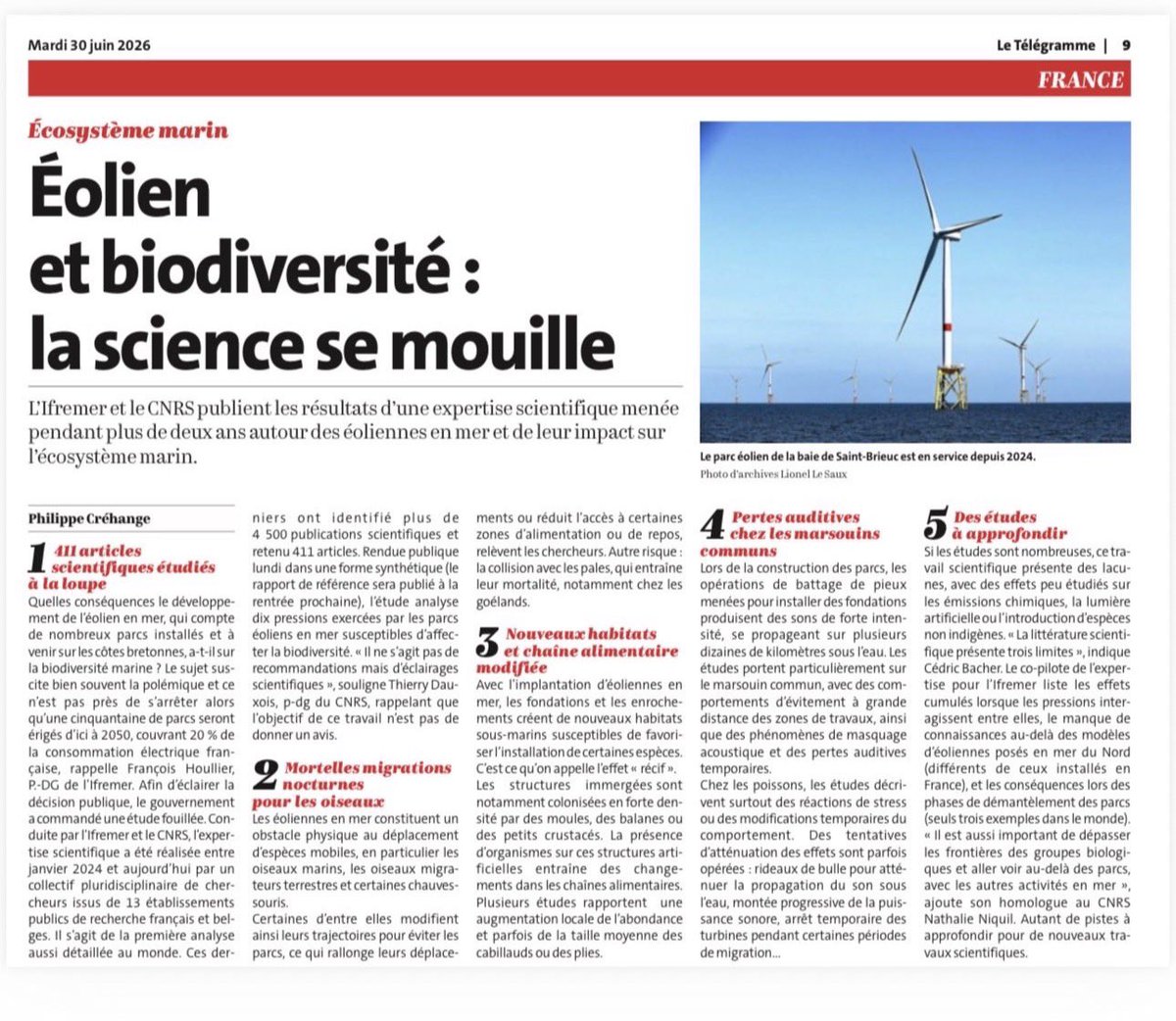 CDegage20444's tweet photo. 🔸 Ce communiqué est un bon début. Il reconnaît enfin que les parcs éoliens en mer ont des impacts sur les écosystèmes et que de nombreuses incertitudes scientifiques subsistent. Dans ces conditions, le principe de précaution doit s’appliquer : tant que les effets cumulés et les conséquences à long terme ne sont pas clairement établis, il serait imprudent de poursuivre un déploiement massif❗️