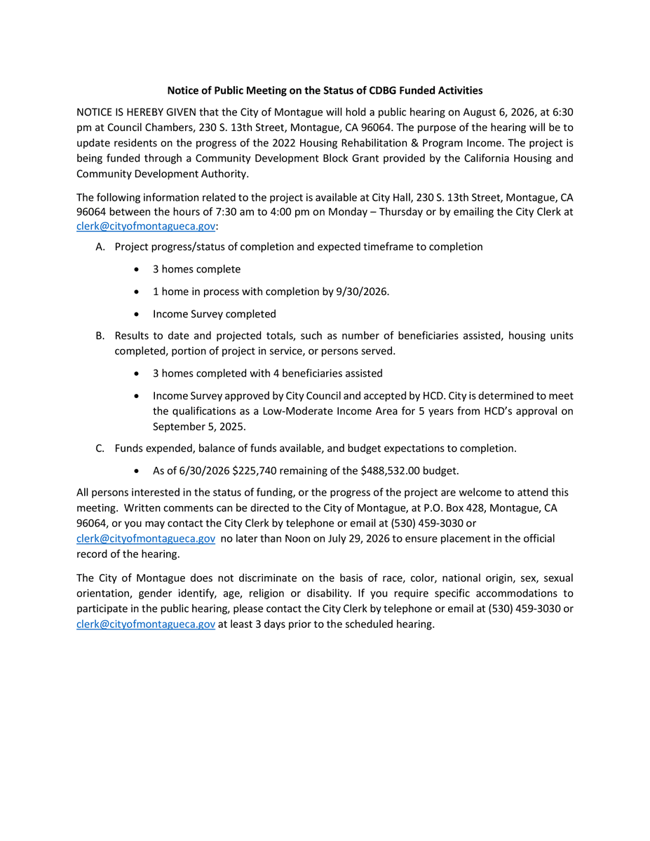 GNServ's tweet photo. PUBLIC MEETING NOTICE on behalf of the City of Montague: progress of the 2022 Community Development Block Grant Housing Rehabilitation &amp; Program Income grant project. Thursday, August 6, 6:30 PM, City Hall Council Chambers, 203 S. 13th St. #PublicMeeting #Montague https://t.co/sAhXGDo7Wp