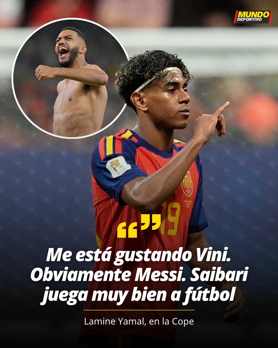 mundodeportivo's tweet photo. 💬 Lamine Yamal, en el @partidazocope 

⭐️ "En el Mundial me está gustando mucho Vini. Obviamente Messi" 

🇲🇦 "Saibari está haciendo muy buen Mundial. Juega muy bien a fútbol" https://t.co/tIy9dB9Zom