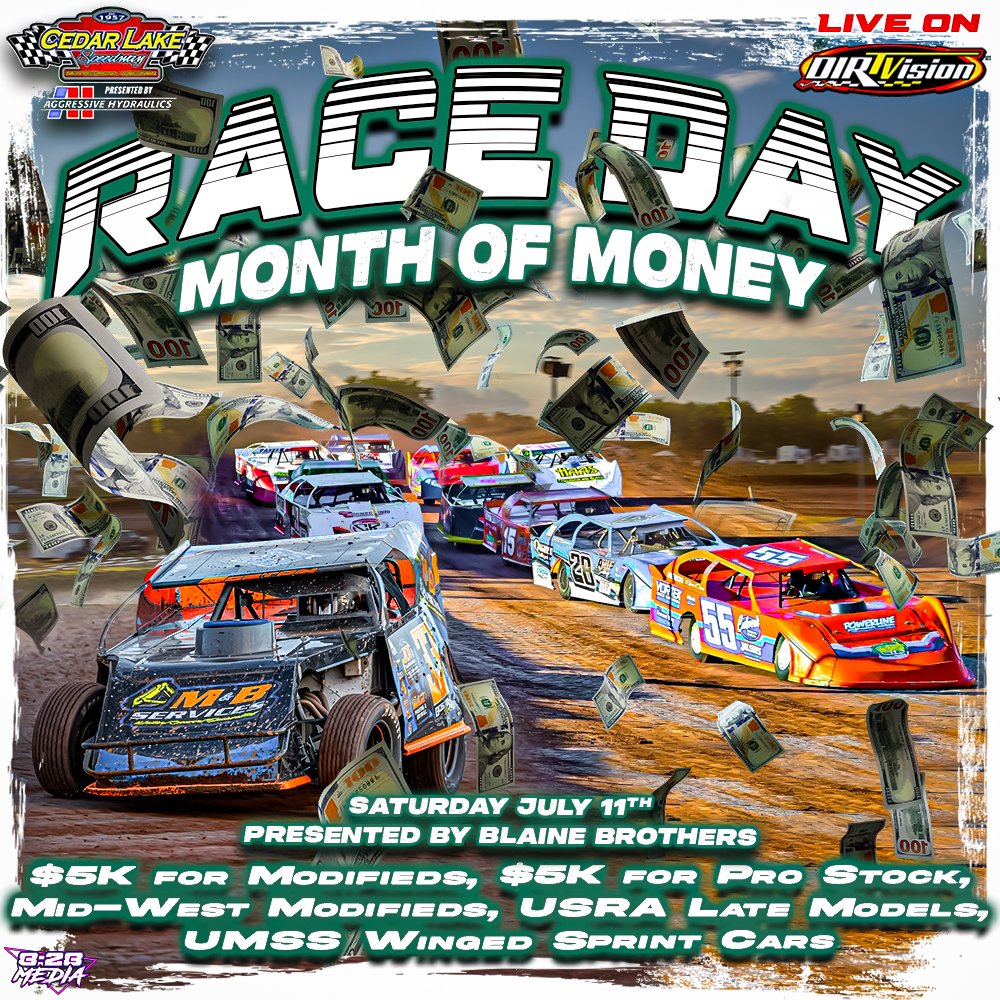 cedar_the_lake's tweet photo. Saturday, July 11 is the Kick-Off of the Month of Money at The Lake presented by @AggressiveHyd &amp; Blaine Brothers!
A-Modifieds presented by @JusticeBrosInc running for $5K to Win!
Pro-Stocks presented by @matcotools by John Olson running for $5K to Win! https://t.co/ZpOKPhy2jB