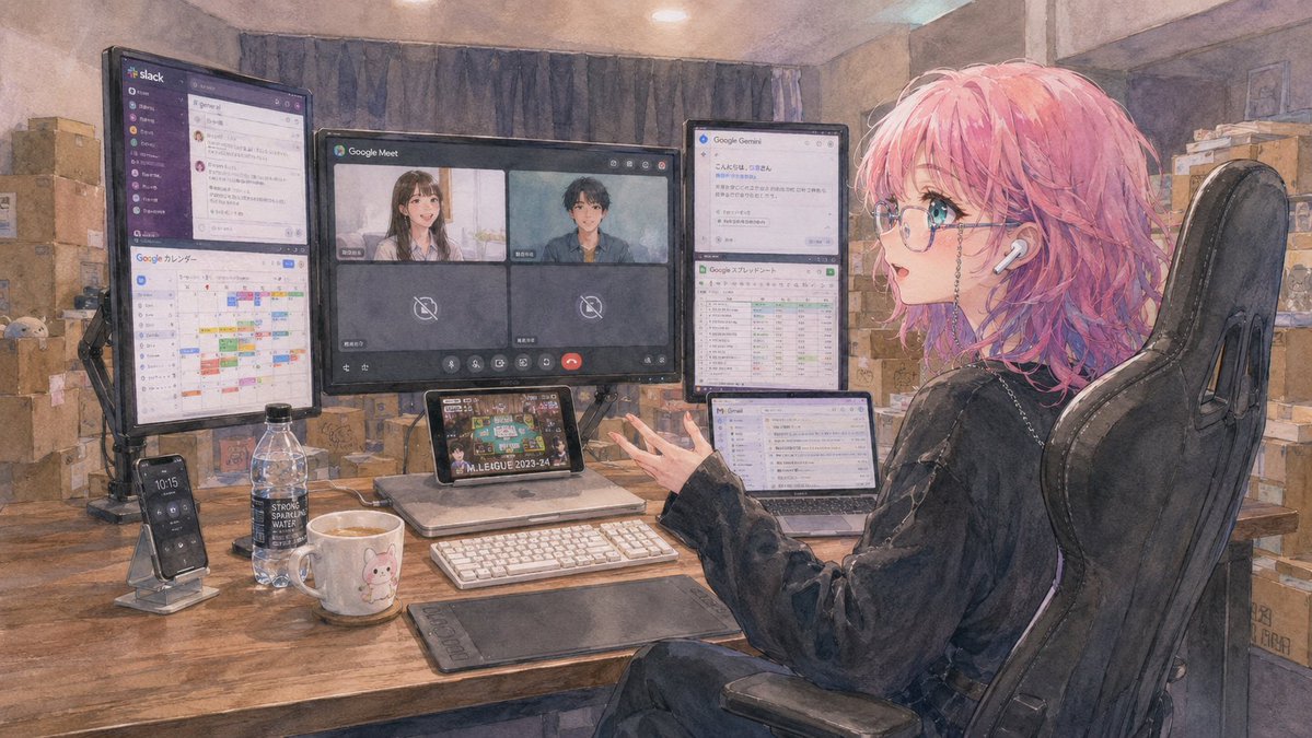 Theresia's tweet photo. 平日ー

絵に描いたような（画像ではあるw）リモートワーク。
一般のご家庭仕様ではないけれど。
私以外は本体+外部1枚で作業してるし、私も出社してた頃はそうだった。 https://t.co/xkIWEEAehk