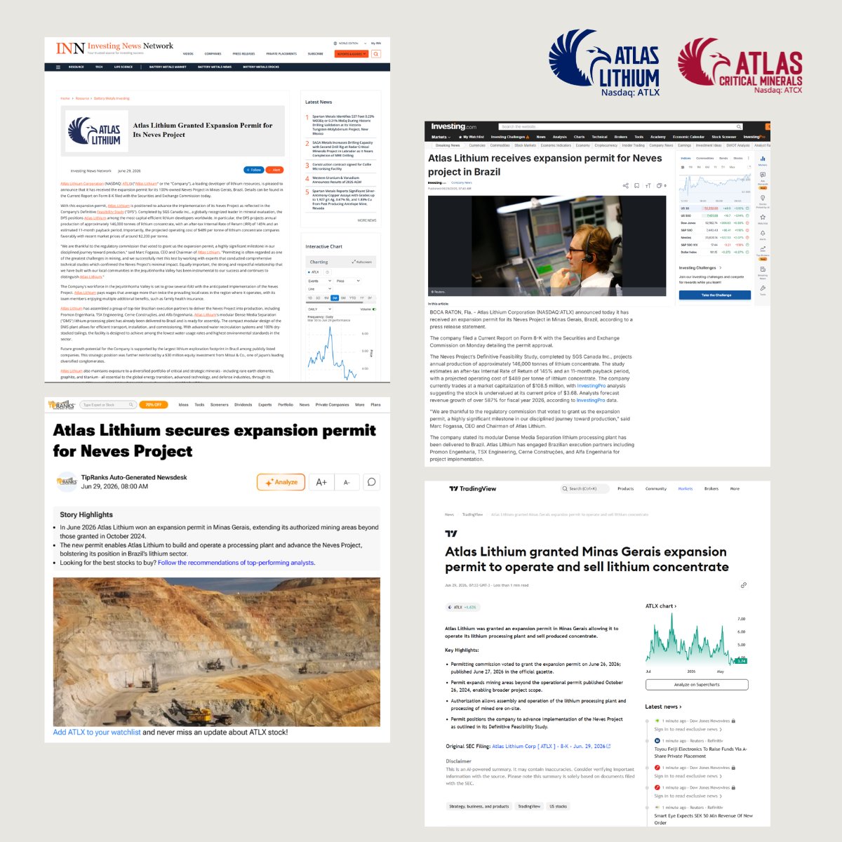 Atlas_Crit_Min's tweet photo. Atlas Lithium’s Nasdaq announcement on the Neves expansion permit is now reflected in international financial media.

Comunicado da Atlas na Nasdaq sobre a expansão do Neves ganha destaque na mídia financeira internacional. https://t.co/Gz2xGt9FDF