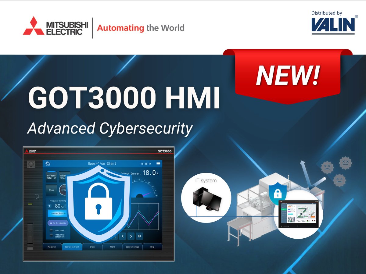ValinCorp's tweet photo. Downtime &amp; cyber threats cost more than you think. The Mitsubishi Electric GOT3000 Series HMI helps protect critical HMI access &amp; data while speeding troubleshooting with built-in logs and history.

🔗 https://t.co/X08M3wIvDV

#Cybersecurity #industrialautomation

@MEUSAutomation https://t.co/AYRwdA3hVZ