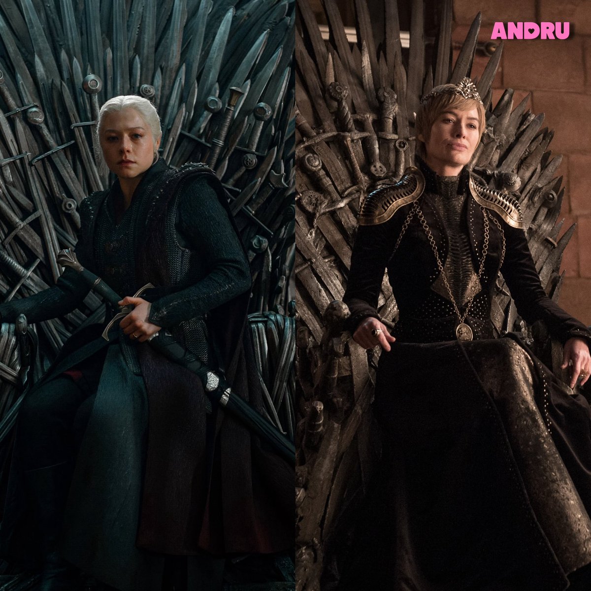 andrugeek's tweet photo. ¡LAS ÚNICAS REINAS! 👑 Rhaenyra Targaryen y Cersei Lannister se han convertido en las únicas dos mujeres en el universo de #GameofThrones que han reclamado y ocupado el Trono de Hierro como gobernantes de los Siete Reinos. https://t.co/EKjDkUxT0g