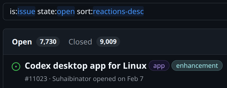 VictorBenitoGR's tweet photo. @ClaudeDevs @thsottiaux Codex’s top-voted request is Linux support, and Claude Desktop shipped it first. https://t.co/MDrDGt9Yxa