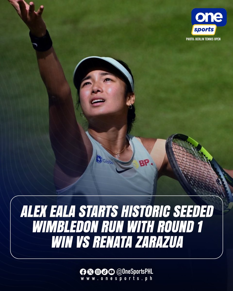 OneSportsPHL's tweet photo. FIRST GRAND SLAM WIN AS A SEEDED PLAYER  

Filipina tennis star Alex Eala kicks off her historic first Grand Slam campaign as a seeded player on a high note by defeating Mexico's Renata Zarazua in the opening round of the 2026 Wimbledon Championships!  

#WTA #AlexEala #Wimbledon https://t.co/ApriI2fkvA