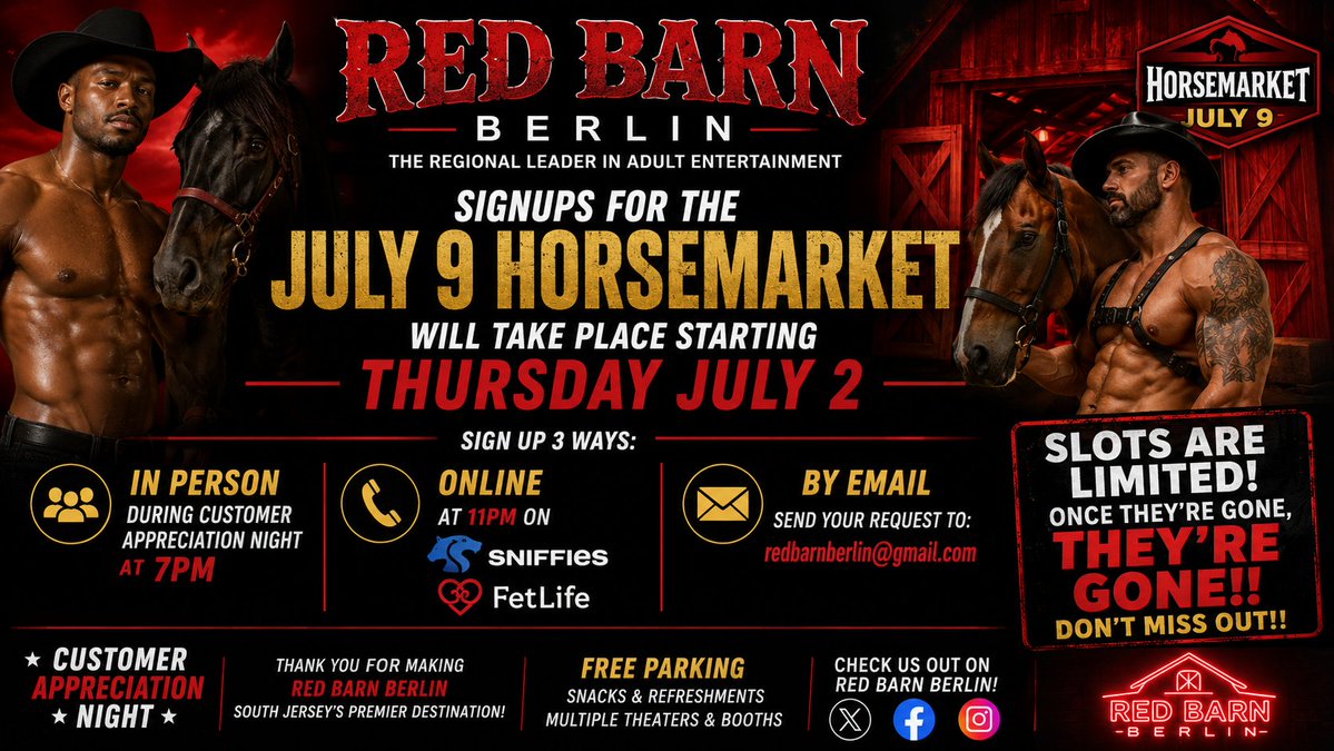 RedBarnBerlin's tweet photo. Signups start Thursday in person at 7 pm or online at 11 pm. First cum, first served, limited slots, once they're gone, THEY'RE GONE!! https://t.co/OkIZU1ExXr