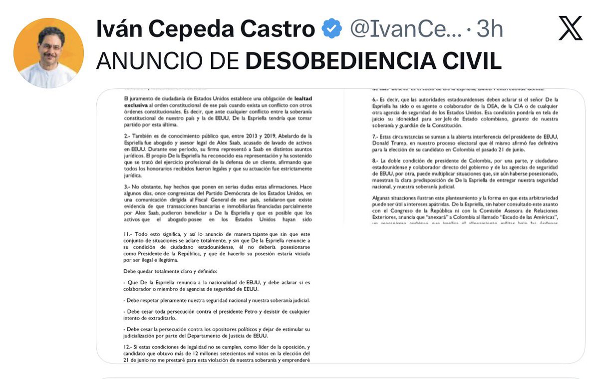 StephBatesPress's tweet photo. #Política #Colombia ¿Desde cuándo un partido político puede poner condiciones por encima de la ley para que quien ganó la Presidencia pueda posesionarse?

Cuando el actual presidente ganó las elecciones, se respetó el resultado democrático. Nadie declaró desobediencia civil ni el partido que perdió impuso “condiciones” para permitir su posesión.

En un Estado de derecho, las reglas las establece la Constitución y la ley, no los partidos políticos. Ningún partido está por encima de ellas.