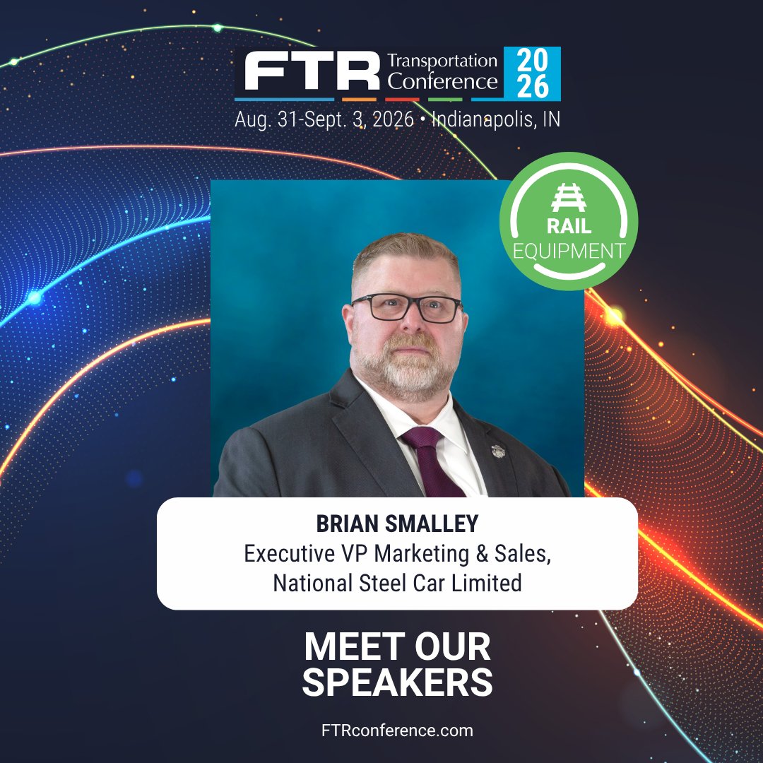 FTRintel's tweet photo. Brian Smalley of National Steel Car will take the stage as a keynote speaker during Rail Equipment Day at the 2026 FTR Transportation Conference.
See the agenda https://t.co/FcvCvveGBR
And Register today! https://t.co/blGwmGr9jx
#RailEquipment #Railcars #FTRConference https://t.co/D7ChC0YbCq