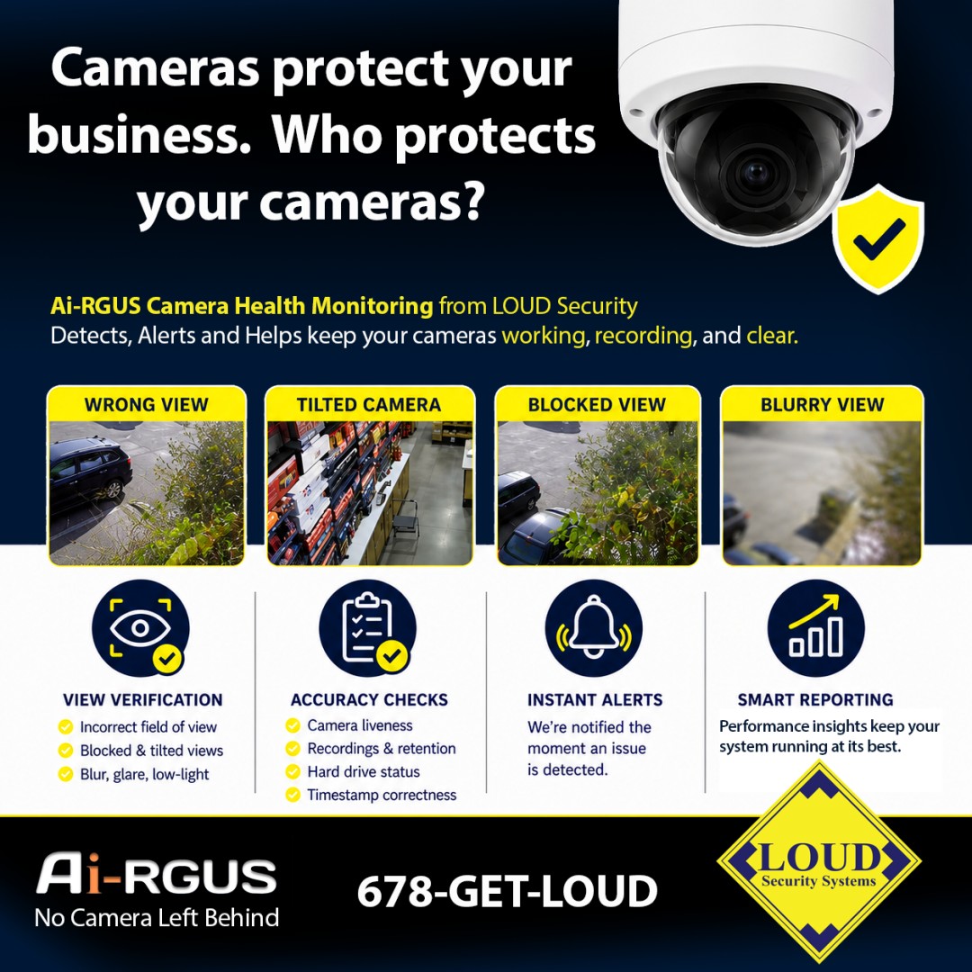 loudsecurity's tweet photo. Are Your Cameras Ready? Ai-RGUS from LOUD, monitors your camera's health and alerts you if a camera is offline, stops working properly or is blocked, blurry, moved, or affected by glare or low-light.
Because the best time to fix a camera is before you need it. Call 678-GET-LOUD https://t.co/KA4DvAG4Hs