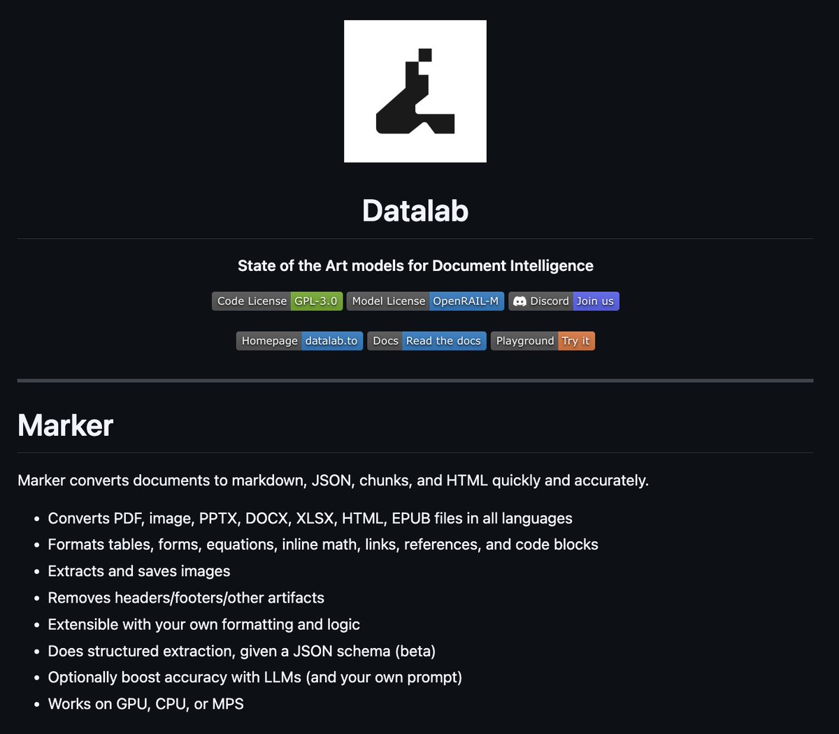 HowToPrompt__'s tweet photo. Someone open-sourced a tool that converts pdfs to markdown at 122 pages per second.

→ PDFs, DOCX, PPTX, XLSX, EPUB, images
→ Tables, equations, forms, inline math
→ Works on GPU, CPU, or even your Mac
→ Every language

100% Open Source. 36.6k stars on GitHub. https://t.co/fCfkOanuJ4